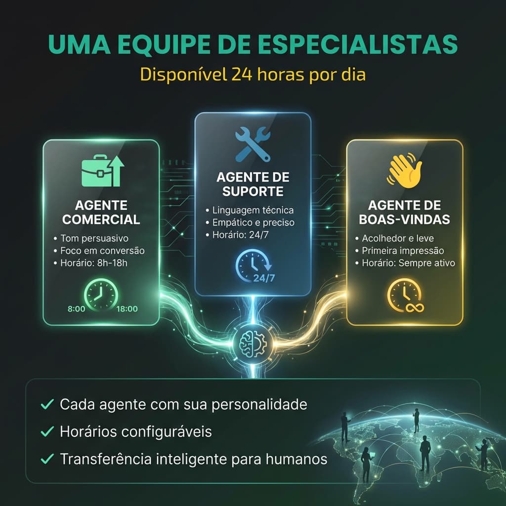 Múltiplos Agentes Uzzapp — comercial, suporte, recepção por horário