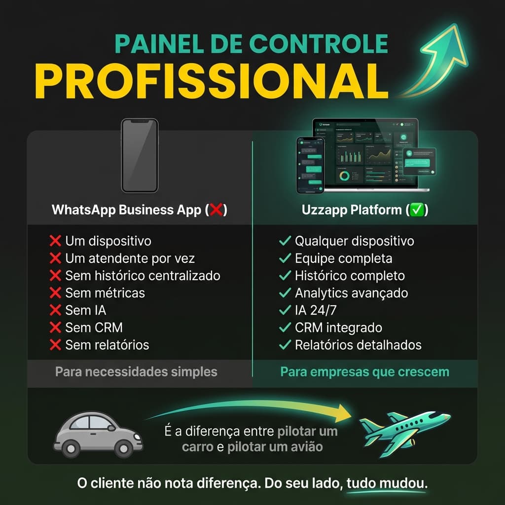 Plataforma Profissional Uzzapp vs WhatsApp Business — painel central de controle